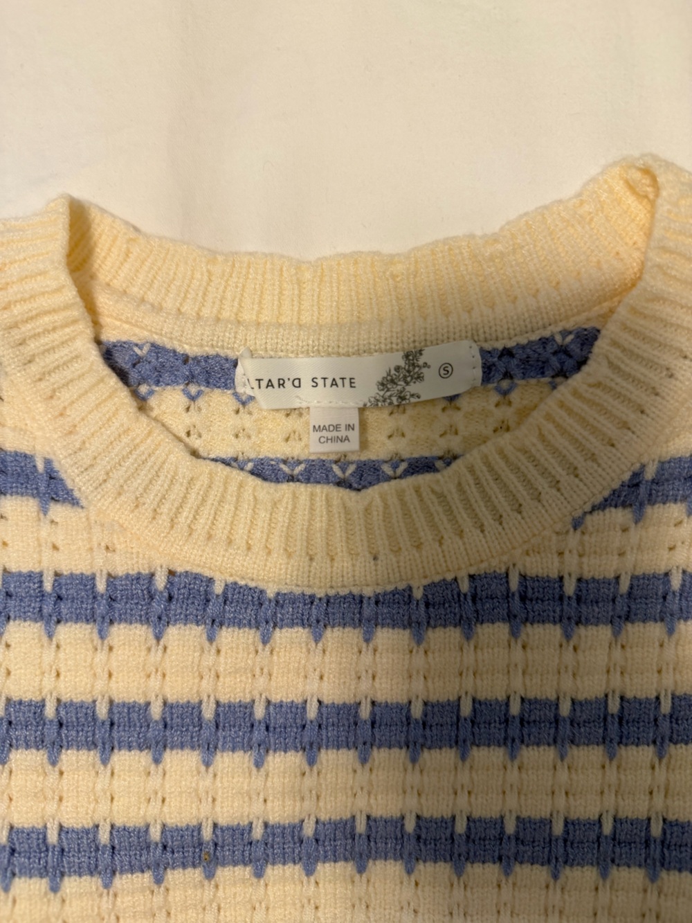 Altar'd State Cream and Light Blue Striped Crew Sweater